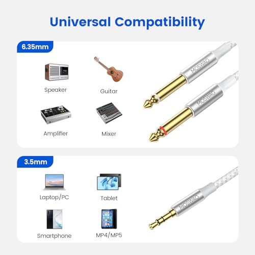 MOSWAG 3.5mm 1/8" TRS to 2 x 6.35mm 1/4" TS Mono Y Cable 16.4FT/5Meter Splitter Cable Compatible with Phone,iPod,Laptop,CD Players,Power Amplifier,Mixer,Home Stereo Systems - color: White, size: 16.4FT/5Meter