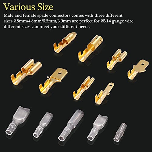 Twidec/640Pcs 2.8/4.8/6.3mm Quick Splice Male and Female Wire Spade Connector Crimp Terminal & Bullet Connectors Terminals Crimp Block Kit Golden with Insulating Sleeve Wiring Car Speaker N-001 - color: Gold 640PCS