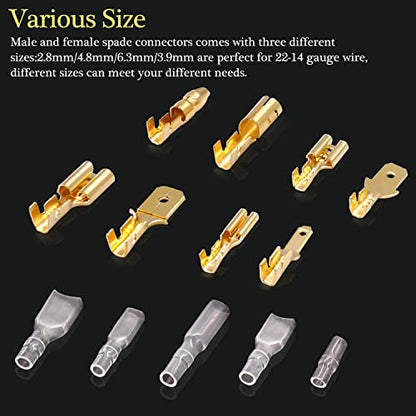 Twidec/640Pcs 2.8/4.8/6.3mm Quick Splice Male and Female Wire Spade Connector Crimp Terminal & Bullet Connectors Terminals Crimp Block Kit Golden with Insulating Sleeve Wiring Car Speaker N-001 - color: Gold 640PCS