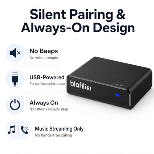R1 Bluetooth Receiver for Home Stereo with RCA Line Out & USB Input | No-beep pairing, aptX Adaptive HD, for amplifiers and powered speakers, always-on USB power, music streaming only, no mic