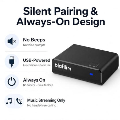 R1 Bluetooth Receiver for Home Stereo with RCA Line Out & USB Input | No-beep pairing, aptX Adaptive HD, for amplifiers and powered speakers, always-on USB power, music streaming only, no mic