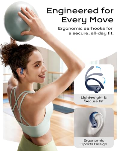 Wireless Earbuds Bluetooth 5.3 Sport Headphones with Earhooks,IPX7 Waterproof Earphones,48H Playtime Earbuds,Lightweight 7.8g,Noise Cancelling Mic Bluetooth Headphones for Running & Workout (Navy)