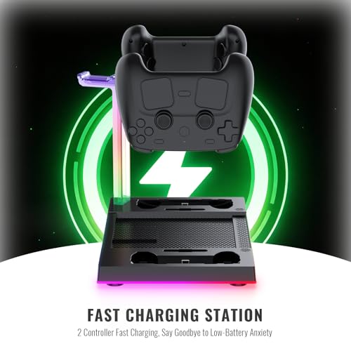 JDDWIN Charging Dock Stand with Cooling Fan for Steam Machine/Steam Controller 2026 Storage Stand for Steam Controllers Puck & Headset with RGB Light