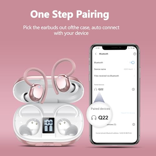 Ear buds Wireless Bluetooth Earbuds Sport 2026 NEW Bluetooth 5.3 Headphones with LED Display 128H Playtime Powerful Bass Over Ear Earphones with Earhooks IP7 Waterproof for Gym/Running/Workout - color: Rosegold