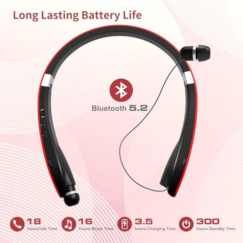 Bluetooth Neckband Headphones, Foldable Wireless Lightweight Neck Headset with Retractable Earbuds, Noise Cancelling Sweatproof Stereo Earphones with Mic & Carrying Case (Red) - color: Red