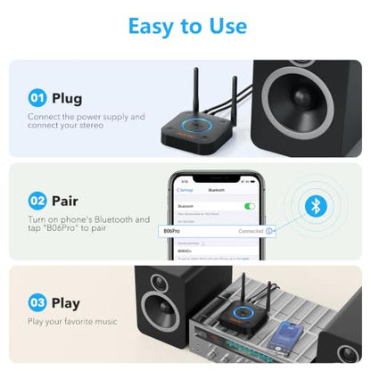 [Upgraded] 1Mii B06Pro Long Range Bluetooth Receiver, HiFi Wireless Audio Adapter, Bluetooth 5.3 Receiver with 3D Surround aptX HD Low Latency Optical RCA AUX 3.5mm Coaxial for Home Stereo System - color: B06Pro Black