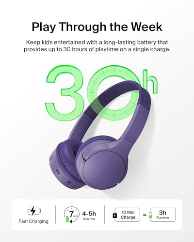 Belkin SoundForm Mini Bluetooth Kids Headphones with Case, 30H Battery Life | Toddler headphones with Case, 85dB Volume Limit, Built-in Mic, Wired Connection Option, iPad, Android Tablet, School, Travel - color: Purple, style: Wireless (USB-C) + Case