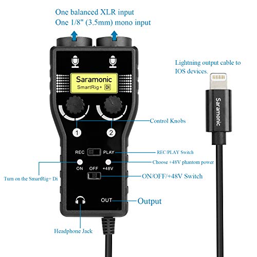 Lightning Microphone Preamp Compatible with iPhone 11 X 8 7 6 Vlog, Saramonic 2-Channel Lightning Mic XLR & 6.3mm Guitar Interface for iPad iPod, iOS Smartphone Tablet YouTube Video - size: Lightning Input (2-channel)