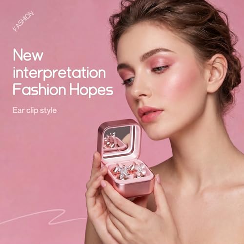 Wireless Earbuds with LED Makeup Mirror Case, Bluetooth 6.0 Open Ear Clip-On Headphones, Cute Pink Air Conduction Earphones for Women, Low Latency, Secure Fit for Running & Travel (Earring Pink) - color: Earring Pink