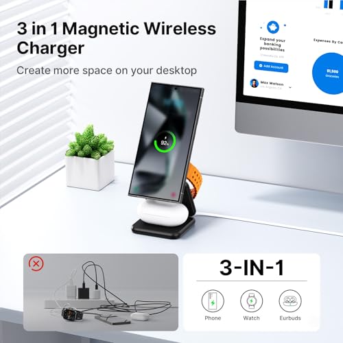 KU XIU 3 in 1 Charging Station for Samsung Phone Watch Buds | Aluminum Alloy Foldable Wireless Charger for Samsung Galaxy S26 S25 Ultra/Galaxy Buds, for Galaxy Watch Ultra 8 7 6 5 4 - color: Black