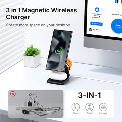 KU XIU 3 in 1 Charging Station for Samsung Phone Watch Buds | Aluminum Alloy Foldable Wireless Charger for Samsung Galaxy S26 S25 Ultra/Galaxy Buds, for Galaxy Watch Ultra 8 7 6 5 4 - color: Black
