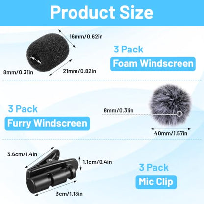 SHENLIU 9 Pcs Lavalier Microphone Windscreen Kit, 6 Pack Furry and Foam Mic Covers with 3 Pack 360° Rotatable Cable Clips, Universal Lapel Mic Accessories(for 2-4mm Round Wires)