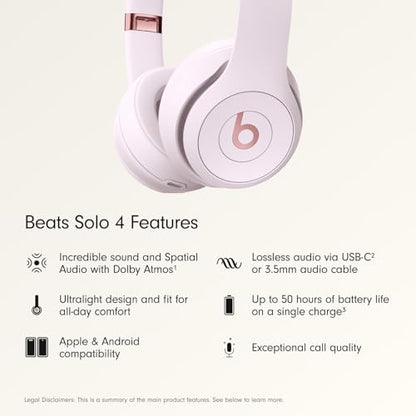 Beats Solo 4 - Wireless On-Ear Bluetooth Headphones, Up to 50-Hour Battery Life, Ultra-Lightweight Comfort, Powerful and Balanced Sound, Apple & Android Compatible - Cloud Pink - color: Cloud Pink, style: Standalone