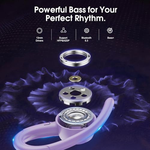 Wireless Sport Earbuds with Earhook, 48Hrs Deep Bass/ENC Mic Ear Bud Purple | Wireless Earphone with LED Display, Bluetooth 5.3 Headphones In Ear, IPX7 Waterproof Over Ear Buds for Running/Workout - color: Purple