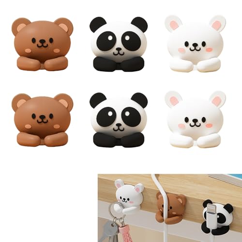 6pcs Cute Animal Cable Organizer Adorable Panda Rabbit Bear Shaped Cable Clips Desk Cable Management Cord Holder for Nightstand Headphones Chargers USB Cables