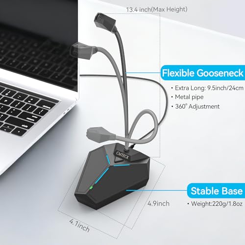 CMTECK USB Computer Microphone, Plug-and-Play, Studio-Quality for PC,Laptop | One-touch mute with LED indicator, noise-cancelling, 360° adjustable extra-long gooseneck desktop Mic. Works with Windows/Mac - color: with mute button