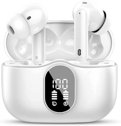 Btootos Wireless Earbuds Bluetooth 5.4 Headphones Bass Stereo Ear Buds with Noise Cancelling Mic LED Display in Ear Earphones IP7 Waterproof 36H Playtime for Laptop Pad Phones Sports Workout White | Ear Buds with Noise Cancelling Mic LED Display, 36H, IP7