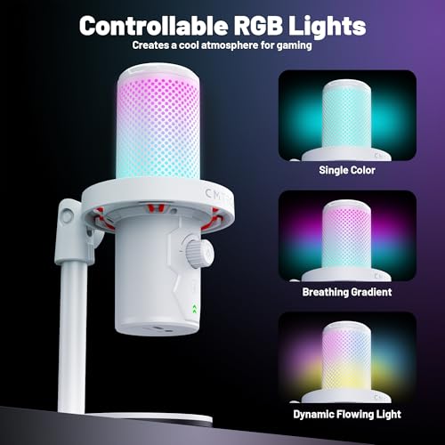 CMTECK USB 마이크, 스튜디오 품질, PC/노트북용 맞춤형 RGB 조명 | LED로 빠른 음소거, 플러그 앤 플레이, 노이즈 캔슬링. 3.5mm 제로 레이턴시 잭 및 게인. 팟캐스트, 스트리밍용 - color: 화이트.