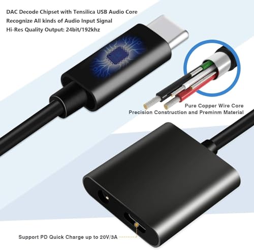 Selna USB C Headphone Adapter Earphone 3.5mm Jack Compatible with iPad Pro 12.9" (3rd/4th/5th/6th Gen), Charger Port Splitter Mic Support Hands-Free Type-C