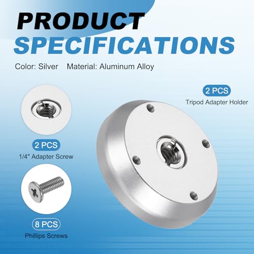 PATIKIL 3/8" Thread Tripod Adapter Holder 29mm Dia, 2Pcs Aluminum Alloy Flange Wall Mount Tripod Mount Plate with 1/4" Adapter Screw for Magic Arm Monitor Light Flash DSLR Camera - color: Silver