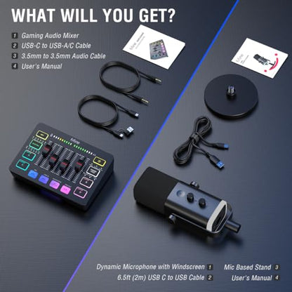 FIFINE Gaming Audio Mixer Bundle with Computer Streaming Microphone, 4-Channel RGB Mixer Set with XLR Interface, 48V Phantom Power, Dynamic Mic with Mute Button for Game Voice Podcast YouTube(SC3+AM8)