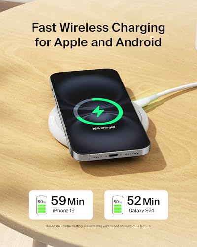 Belkin 15W Wireless Charging Pad, Qi Charger with Power Adapter | iPhone 16/15/14, AirPods, Samsung Galaxy S25/S24, Pixel 10 compatible, power adapter and cable included - color: White
