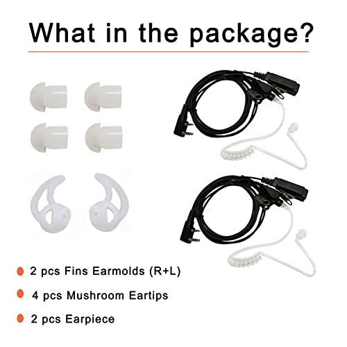 Acoustic Tube Radio Earpiece, Earmolds Fit Baofeng Kenwood Two Way Radio | 2Pin Covert Police Surveillance Headset with Mic, Tactical Walkie Talkie Accessory