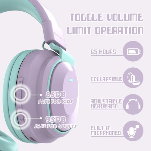 Mokata Kids Headphones Bluetooth 5.3 Wireless Lightweight Fast Charging 68 Hours Play Time Volume Limited 85/94dB Over Ear Foldable with Built-in Mic for Toddler Tablet Pad Light Purple - color: Light Purple
