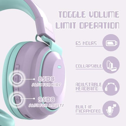 Mokata Kids Headphones Bluetooth 5.3 Wireless Lightweight Fast Charging 68 Hours Play Time Volume Limited 85/94dB Over Ear Foldable with Built-in Mic for Toddler Tablet Pad Light Purple - color: Light Purple