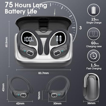 Aptkdoe Wireless Earbuds 75H Bluetooth 5.4 Sport Headphones with Earhooks | IPX7 Waterproof In-ear Buds Feature ENC Noise Cancelling Mic. Stereo Sound Device for Gym Running Workout, Iron Gray - color: Iron Gray