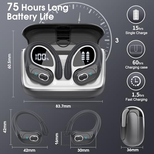 Aptkdoe Wireless Earbuds 75H Bluetooth 5.4 Sport Headphones with Earhooks | IPX7 Waterproof In-ear Buds Feature ENC Noise Cancelling Mic. Stereo Sound Device for Gym Running Workout, Iron Gray - color: Iron Gray