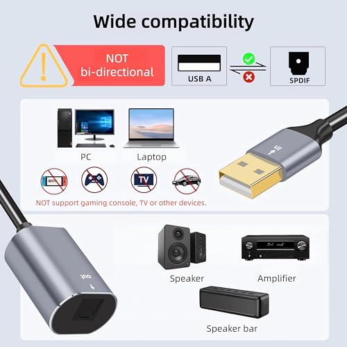 USB A to TOSLINK Optical Audio Adapter, Unidirectional USB Type A to SPDIF Digital Converter, SPDIF Transmitter for Computer Laptop PC PS5/4 ONLY-Includes Fiber 3.3FT Optic Cable