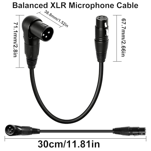 90 Degree Right Angle XLR Cable, 3-Pin Male to Female Short Audio Mic Cord, 25cm/9.84in Noise Reduction Extension for Studio Speaker Mixer