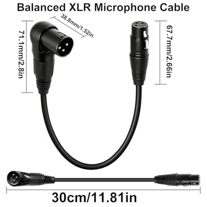 90 Degree Right Angle XLR Cable, 3-Pin Male to Female Short Audio Mic Cord, 25cm/9.84in Noise Reduction Extension for Studio Speaker Mixer
