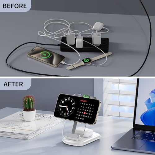 RYND 2026 Traveling Wireless Mag-Safe Fast Charging Station | Magnetic 3 in 1 Charger with Light for iPhone 17 16 15 14 13 12 Pro Max Plus,Apple Watch& Air pods 4 3 2 Pro(White) - color: White