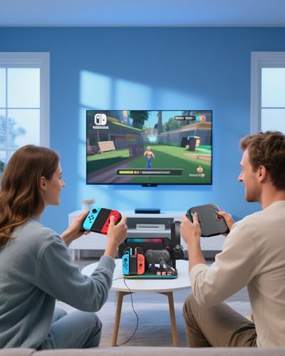 FASTSNAIL Charging Dock & Orgainzer Station & Fan for Nintendo Switch 2/1 | Charger Stand for Joycon 2/1, Storage for 4 Joypads, Pro Controller, 12 Card Slots, Headset Holder & NS2 Dock, 9 RGB Modes