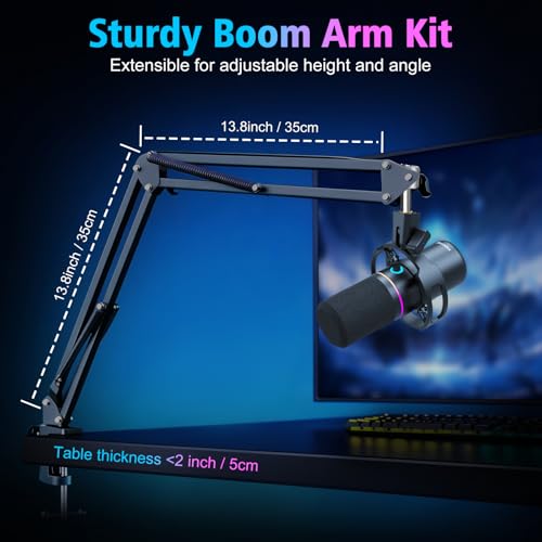 XLR/USB Gaming Microphone with Boom Arm for Streaming | Dynamic Microphone with One-Touch Mute, Gain Control, Headphone Jack, RGB Lighting for Podcast, Recording Vocal