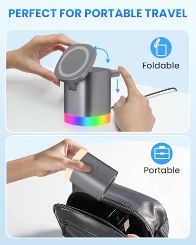 JoyGeek 3-in-1 Charger Stand for Magsafe: Foldable Wireless Charging Station with Night Lights - Magnetic Charger Dock for iPhone 15/14/13/12 Pro/Max/Plus, AirPods, Apple Watch 2-9 (Light Grey) - color: Light Grey