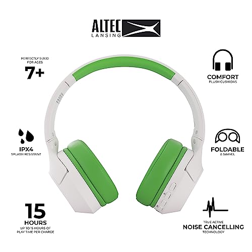 Altec Lansing Kid Safe Noise Cancelling Wireless Headphones 15H Battery, 85dB Volume Limit, Foldable Design Powerful Sound, Active Noise Cancellation Perfect for Kids Ages 7+ - color: Whiteout Funky Green