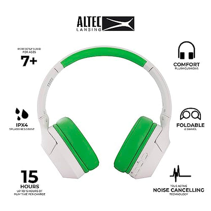 Altec Lansing Kid Safe Noise Cancelling Wireless Headphones 15H Battery, 85dB Volume Limit, Foldable Design Powerful Sound, Active Noise Cancellation Perfect for Kids Ages 7+ - color: Whiteout Funky Green