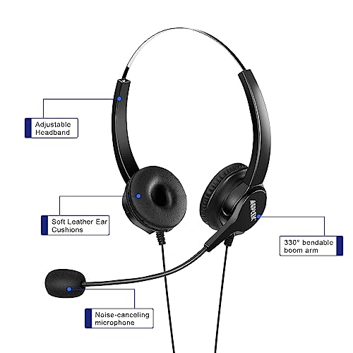 AGPTEK Upgraded Corded Phone with Binaural Headset & Dialpad | Noise-Cancelling Call Center Telephone, for Home & Office, with Comfortable Dual-Earpiece and Easy Number Pad