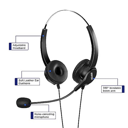 AGPTEK Upgraded Corded Phone with Binaural Headset & Dialpad | Noise-Cancelling Call Center Telephone, for Home & Office, with Comfortable Dual-Earpiece and Easy Number Pad