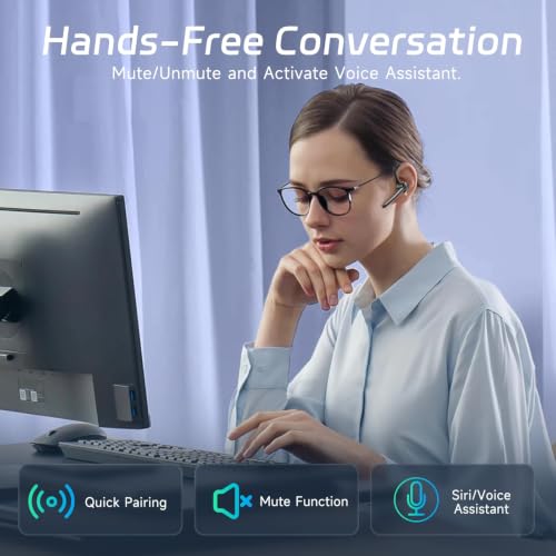 Wireless Headset Bluetooth Earpiece with Dual Noise Canceling Single Earbud | Hands Free Headphones Ear Earphone Over Ear Earbud for iPhone Samsung Android Cellphones TV PC Trucker Game Work Driving