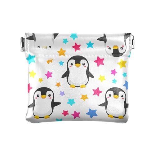 Leather Waterproof Portable No Zipper Purse, Coin Pocket Pouch Change Holder, Small Storage Bag for Men Women Headset Credit Card ID Key Lipstick, (Cute Penguins)