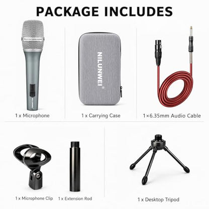 Dynamic Microphone - Heart shaped Directional Wired Microphone, used as a vocal microphone for live sing, with 14 foot XLR to 1/4 inch audio cable, desktop tripod, extension pole, Mic storage bag