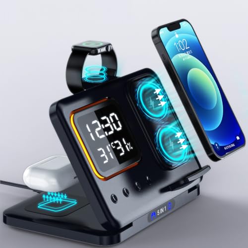 IHAO 5in1 Multi Functional Wireless Charging Station Digital Clock 15W Fast Charging Temperature Display Wireless Charger for All Qi Phone and TWS Headphone Compliant with Apple Watch-DH15 Black - color: 5in1 wireless Charger Station D15 Black