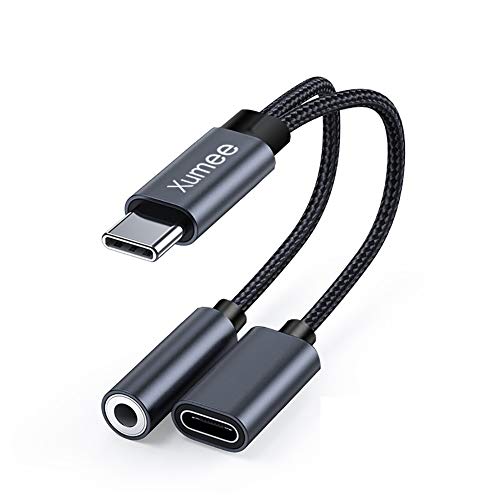 Xumee USB Type C to 3.5mm Headphone and Charger Adapter, 2-in-1 USB C to Aux Audio Jack Hi-Res DAC and Fast Charging Dongle Cable Compatible with iPhone 16/15 Pro Max,Galaxy S25 S24 Ultra (Grey) - color: Grey