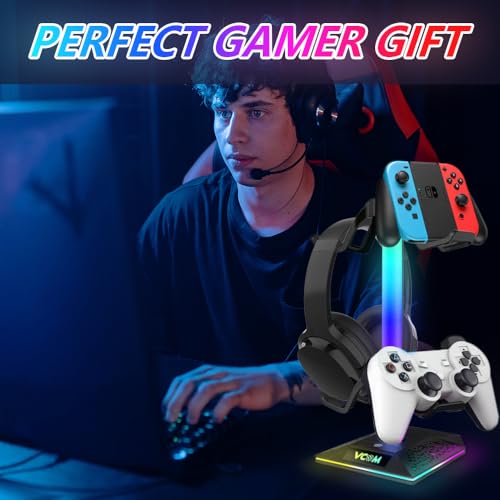 V VCOM RGB Gaming Headphones Stand with 2 USB Ports Headset Stand with 10 Light Modes and Non-Slip Rubber, Suitable for All Earphone Accessories, Best Gift for Husband, Kids, Boyfriend