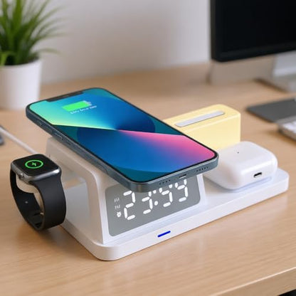 IHAO 6in1Digital Alarm Clock with Wireless Charging Station Night Light 15W Fast Charging for Qi Phone Headphone Bracket for iWatch Charger LED Display Dimmable Brightness-HT309 Black - color: Wireless Charger Alarm Clock Ht309 Black