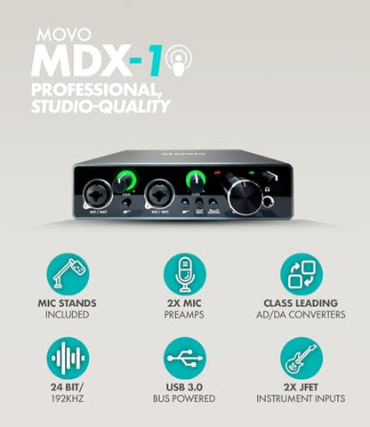 Movo Podcast Equipment Bundle for 2 with USB Audio Interface and 2 CastMic Dynamic Podcast Microphone Bundle with Mic Stands for Podcasting, Streaming, and Musicians - Podcast Kit for Computers - style: with Desk Stands